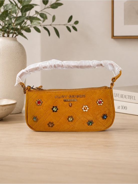 Kurt Geiger Handbags - Kurt Geiger Mustard Suede Quilted Mini Shoulder Bag with Floral Studs NWT
